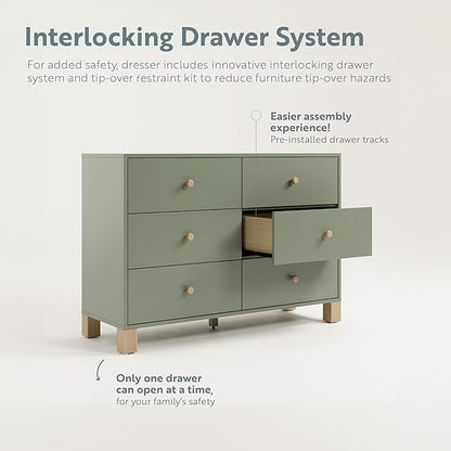 Storkcraft California 6-Drawer Double Dresser (Olive with Driftwood) - GREENGUARD Gold Certified, Interlocking Drawer System, Dresser Drawer Organizer for Kids Bedroom