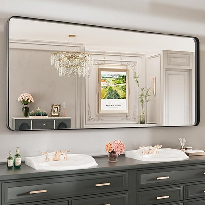 LOAAO 77X36 Inch Black Metal Framed Bathroom Mirror for Wall, Matte Black Bathroom Vanity Mirror Farmhouse, Large Rounded Rectangle Mirror, Anti-Rust, Tempered Glass, Hangs Horizontally or Vertically