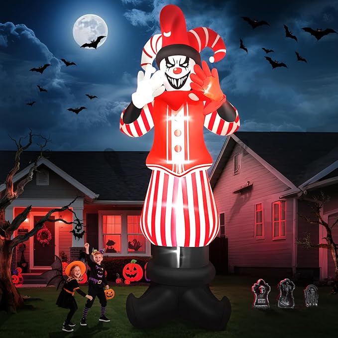 12FT Giant Halloween Inflatable Decoration, Kalolary Red Costume Scary Clown Blow Ups with Built-in LED Lights Large Huge Scary Clown Inflatable for Halloween Party Lawn Garden Outdoor Yard Decoration
