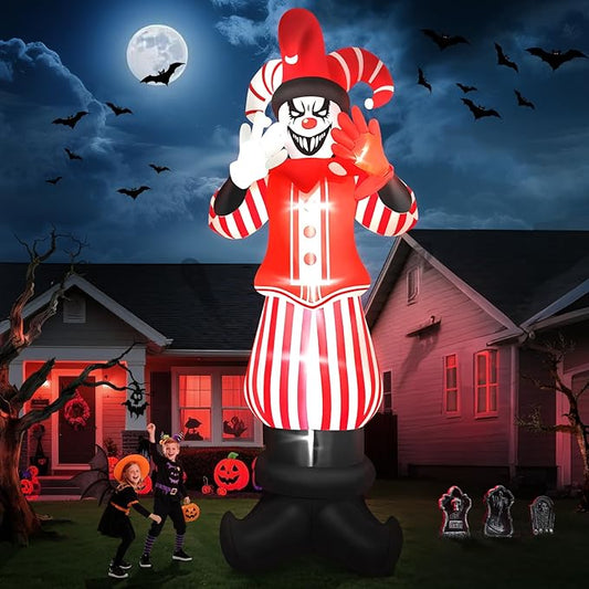 12FT Giant Halloween Inflatable Decoration, Kalolary Red Costume Scary Clown Blow Ups with Built-in LED Lights Large Huge Scary Clown Inflatable for Halloween Party Lawn Garden Outdoor Yard Decoration