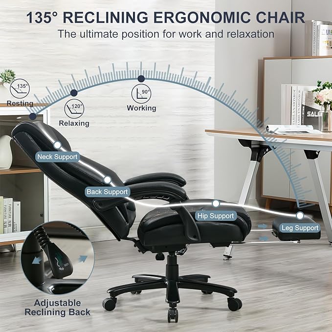 Executive Office Chair with Footrest, Reclining Desk Chairs Home Room, Bedroom, Leather Computer Gaming Chair Big and Tall, Padded Armrest & Headrest, Ergo Lumbar Support Recliner with Wheels, Black
