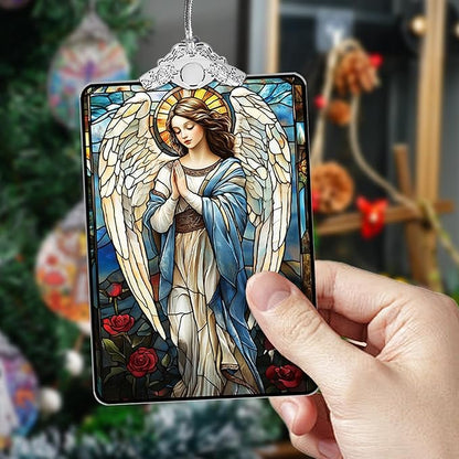 Angel Stained Glass Ornament, 2025 Christmas Tree Hanging Decoration for Religious Holiday Decor or Gift Exchange, 3.8 x 2.4 Inch