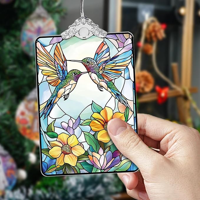 Hummingbird Stained Glass Ornament, 205 Christmas Tree Hanging Decoration for Gift Exchange or Stocking Stuffer, Holiday Decor, 3.8 x 2.4 Inch