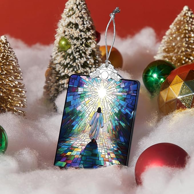Jesus Walking to Light Stained Glass Ornament, Religious Christmas Tree Hanging Decoration for Gift Exchange or Stocking Stuffer, 3.8 x 2.4 Inch