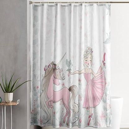 AILONEN Unicorn Shower Curtain, Cartoon Unicorn with Ballerina Girl Shower Curtain Set for Girls Teens Kids,Watercolor Pink Flowers Fabric Shower Curtain for Bathroom,72" W*96" H