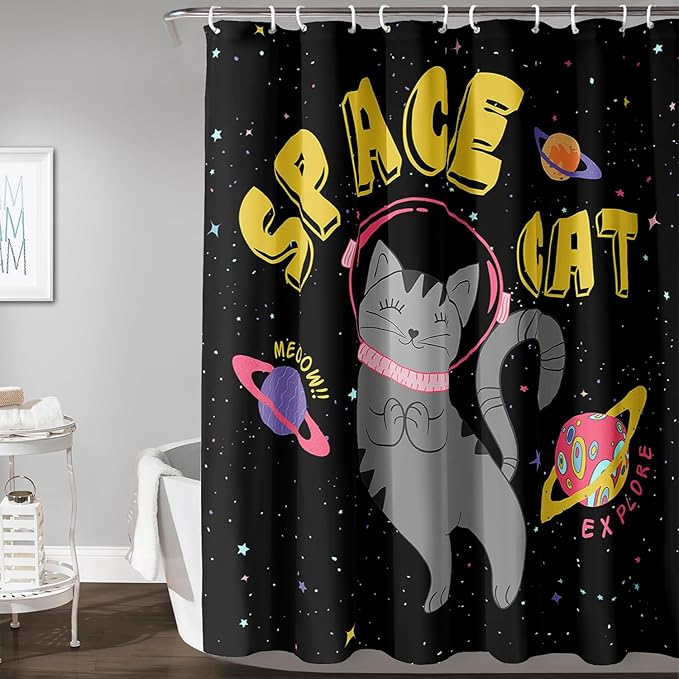 AILONEN Kawaii Cat Shower Curtains,Galaxy Aerospace Cat Bath Curtain for Bathroom,Outer Space Polyester Waterproof with 12 Plastic Hooks 72" W*78" H