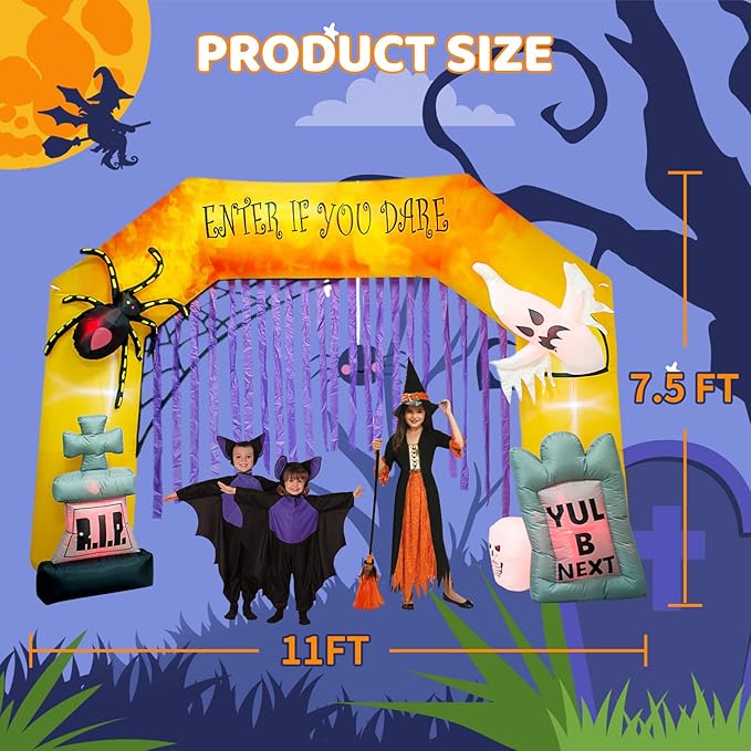 AJY 11 Ft Halloween Inflatable Ghosts Spider Archway Arch with LED Lights Outdoor Indoor Holiday Decorations Blow up Lighted Yard Decor Halloween Inflatable Home Garden Party Favor Decor