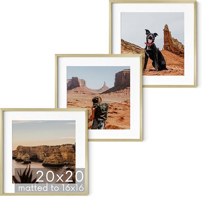 HAUS AND HUES 20x20 Gold Metal Picture Frames Matted to 16x16 - Features Premium Aluminum & Hanging Hardware, Shatterproof Plexiglass - Ideal for Home, Room, Office (20x20 in, Gold, Set of 3)