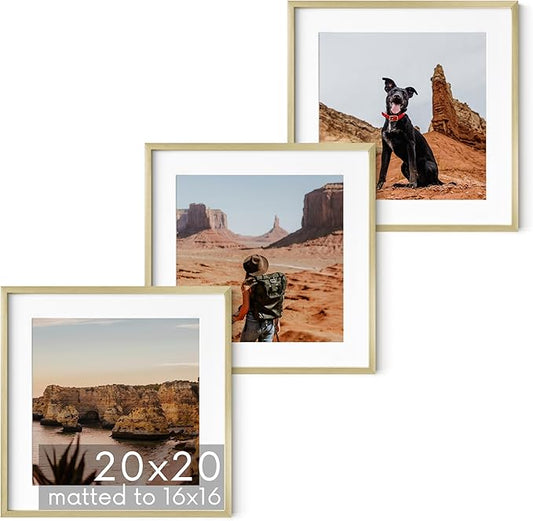 HAUS AND HUES 20x20 Gold Metal Picture Frames Matted to 16x16 - Features Premium Aluminum & Hanging Hardware, Shatterproof Plexiglass - Ideal for Home, Room, Office (20x20 in, Gold, Set of 3)