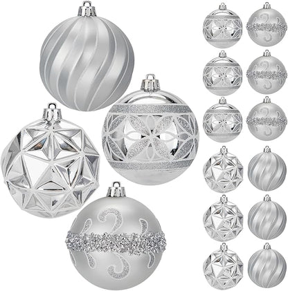 12pcs Silver Christmas Ornaments Balls 3.14 inch Glitter Hanging Christmas Tree Ornaments Set for Christmas Decorations Hand Painted Shatterproof Christmas Baubles for Xmas Holiday Party Decor