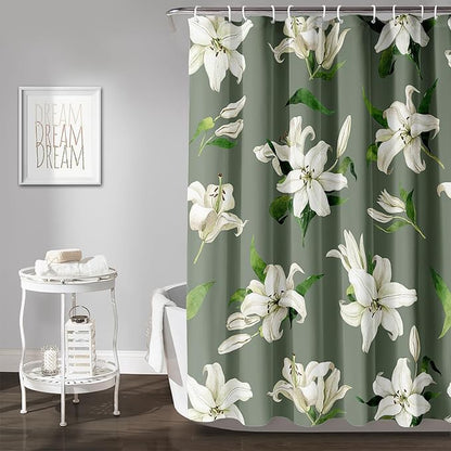AILONEN Flower Shower Curtain, Vintage Garden Lilies Theme Waterproof Fabric Shower Curtain Set,Green Spring Flowers Bathroom Decor for Teen Girls Women,72" W*78" H