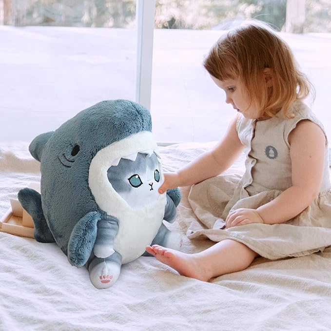 Kawaii Shark Cat Plush Toy Stuffed Animal Doll, Cute Soft Pillow Stress Release Hugs Toys Christmas Halloween Birthday Gifts for Kids Boys Girl Best Gift (Blue - Grey,15 inch)