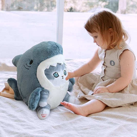 Kawaii Shark Cat Plush Toy Stuffed Animal Doll, Cute Soft Pillow Stress Release Hugs Toys Christmas Halloween Birthday Gifts for Kids Boys Girl Best Gift (Blue - Grey,15 inch)