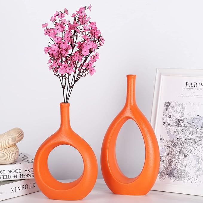 Orange Ceramic Vase Set 2,Modern Hollow Circle with Hole Flower Vase for Home Decor,for Table Centerpieces,Farmhouse,Fire Place,Living Room,Bedroom,Office,Bookshelf,Rustic Decor