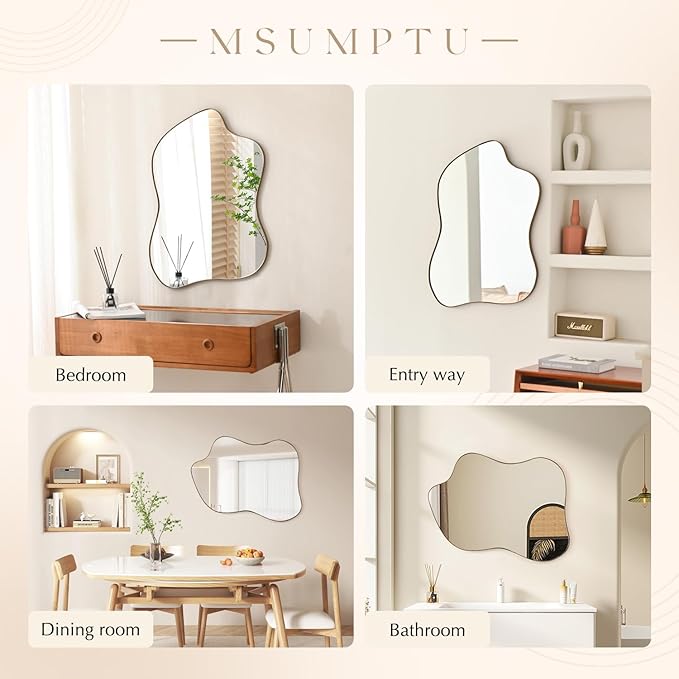 Irregular Wall Mirror Brass Wave Shaped Matel Framed Wall Mirror for Bathroom Bedroom Entryway Living Room Wall Decor 28" L x 20" W 2304G