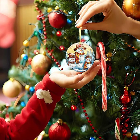 Snowman Family Ornament Round Ceramic Stained Glass Style Ornament Xmas Keepsake for Christmas Tree Winter Holiday Xmas Gift for Women Men Xmas Hanging Ornament 3"