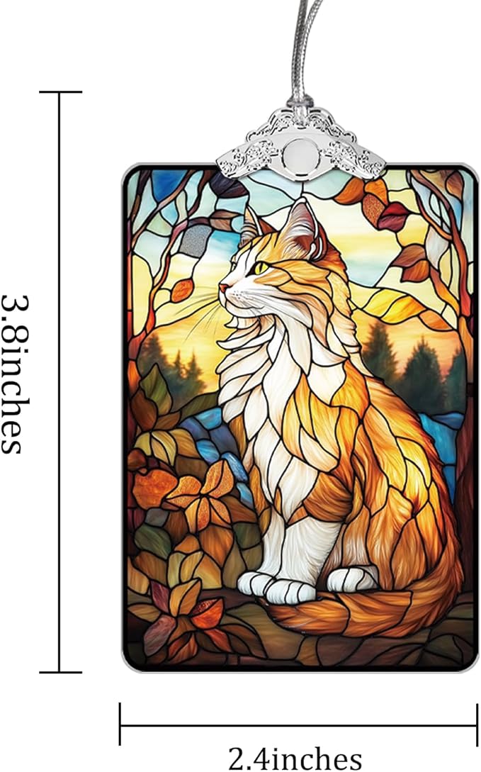 Orange Cat Stained Glass 2025 Christmas Ornament, Autumn Sunset-Inspired Christmas Tree Hanging Decoration for Pet Lovers, or Stocking Stuffer, 3.8 x 2.4 Inch
