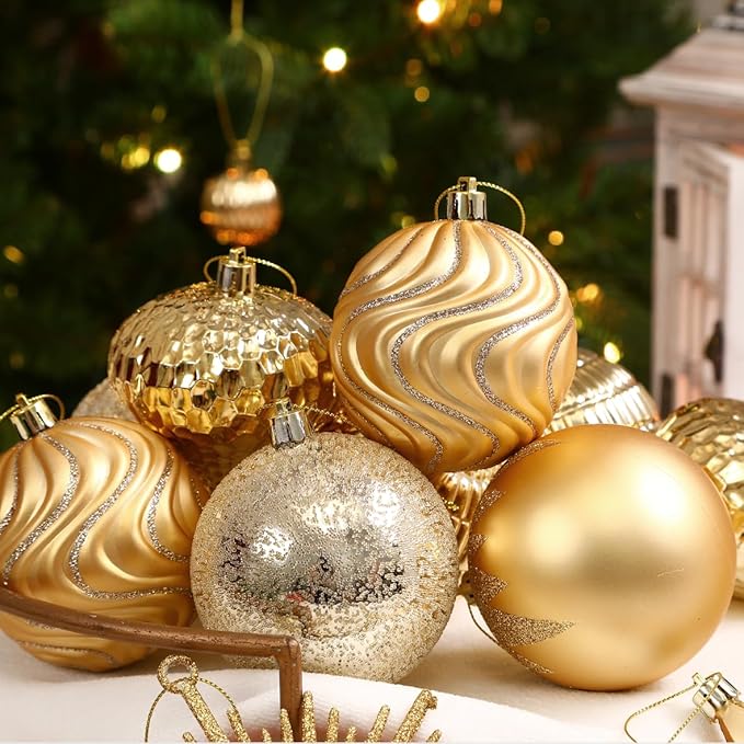 SHareconn 80pcs Christmas Balls Ornaments Set, Contemporary Light Luxury Gift Set, Shatterproof Plastic Decor for Xmas Tree Holiday Wedding Party Decorations with Hanging Strings, Dark and Light Gold