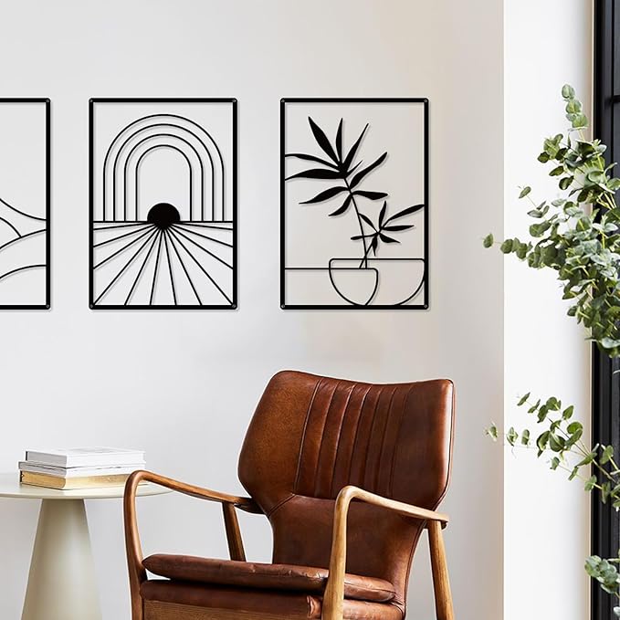 Sokurdeg Black Minimalist Metal Wall Decor, Bohemian Line Wall Decor, Modern Abstract Wall Art for Bedroom Bathroom Living Room (3 Pack, 12 x 17 in)