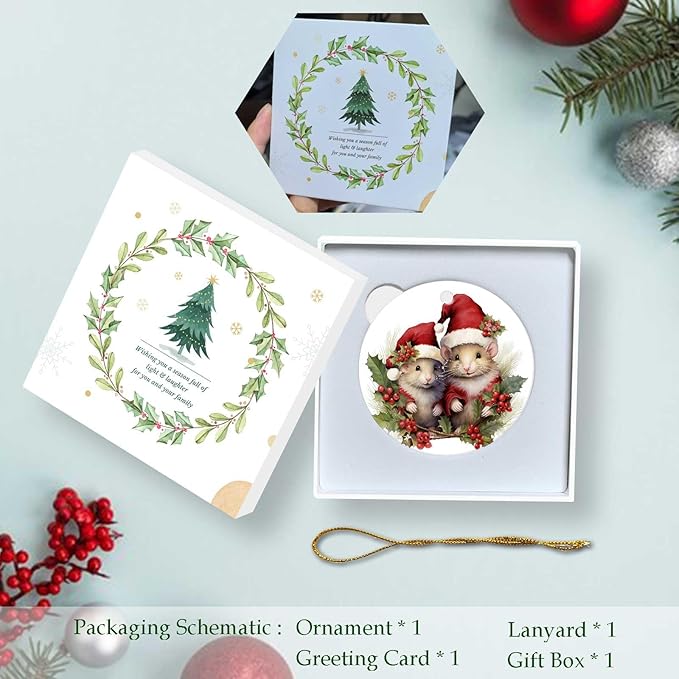 Cute Mouse Ornament Round Ceramic Ornament Xmas Keepsake for Christmas Tree Winter Holiday Xmas Gift for Women Men Xmas Hanging Ornament 3"