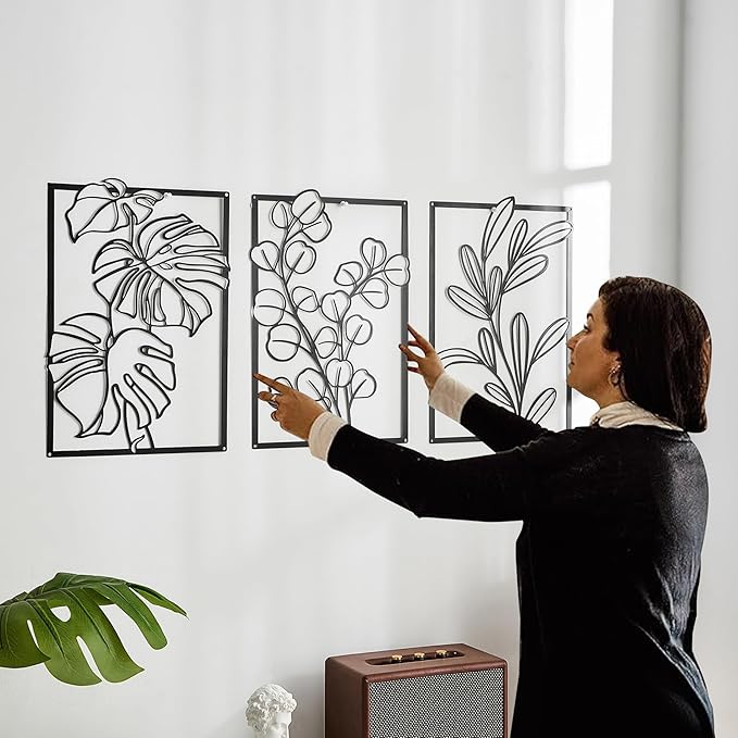 FUNTEREST 3 Pieces Black Metal Wall Art Decor Modern Minimalist Floral Single Line Living Room Wall Decor Abstract Wall Hanging Decor for Kitchen Office Bedroom Bathroom (Floral C)