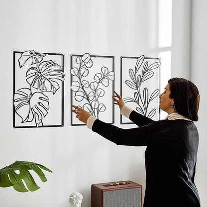 FUNTEREST 3 Pieces Black Metal Wall Art Decor Modern Minimalist Floral Single Line Living Room Wall Decor Abstract Wall Hanging Decor for Kitchen Office Bedroom Bathroom (Floral C)