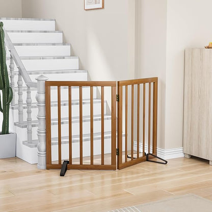Walnut Dog Gates for Doorways, Foldable Dog Gate for Stairs, Bamboo Freestanding Pet Gate with 2 Support Feet, Puppy Fences Indoor