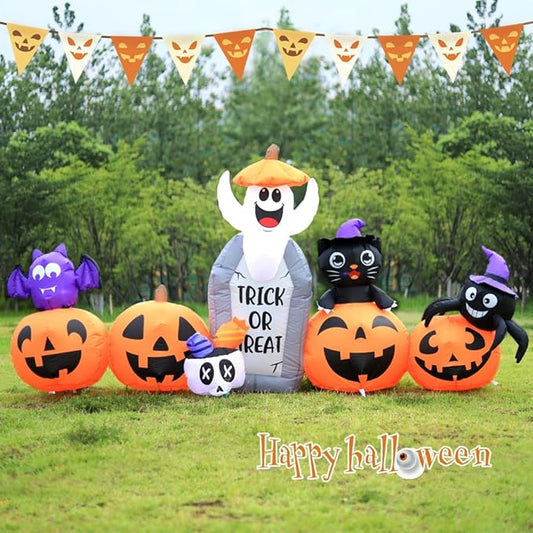 DomKom 8FT Halloween Inflatable Decorations, Blow Up Pumpkins and Tombstone Ghost Cat Bat Spider, LED Lights, Holiday Decoration for Halloween Party Outdoor, Yard, Garden Lawn Décor