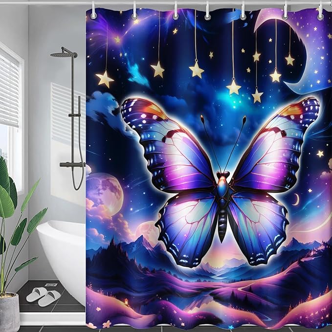 AILONEN Butterfly Shower Curtain for Girls, Fairy Purple Clouds Print Starry Butterfly Bath Curtain,Fantasy Moon Butterfly Decoration Bathroom Waterproof Curtain with 12 Plastic Hooks, 60" W*72" H