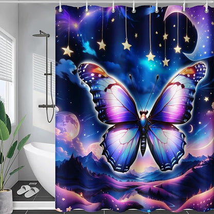 AILONEN Butterfly Shower Curtain for Girls, Fairy Purple Clouds Print Starry Butterfly Bath Curtain,Fantasy Moon Butterfly Decoration Bathroom Waterproof Curtain with 12 Plastic Hooks, 36" W*72" H