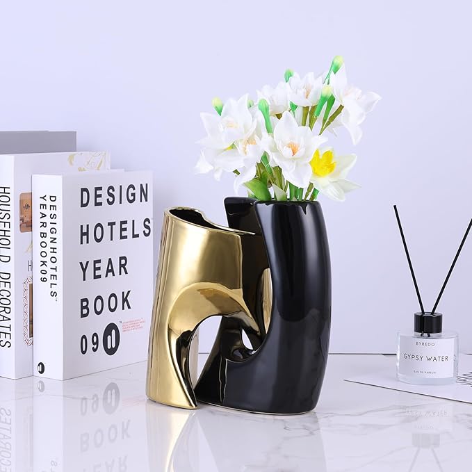 Black and Gold Vase Set of 2, Nordic Modern Ins Style Vases, Boho Ceramic Vases for Centerpieces, Mid Century Abstract Donut Vase, Unique Funky Vase for Wedding, Decorative Pampas Grass Vase Decor
