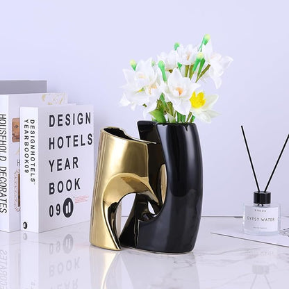 Black and Gold Vase Set of 2, Nordic Modern Ins Style Vases, Boho Ceramic Vases for Centerpieces, Mid Century Abstract Donut Vase, Unique Funky Vase for Wedding, Decorative Pampas Grass Vase Decor