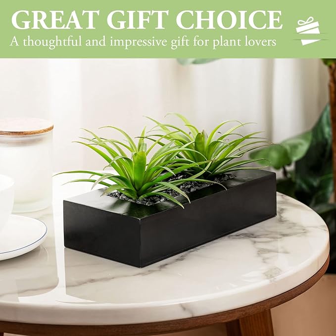 MyGift 10 Inch Fake Grass Artificial Plants in Rectangular Black Wood Planter - Faux Plants Indoor for Tabletop Centerpiece Décor
