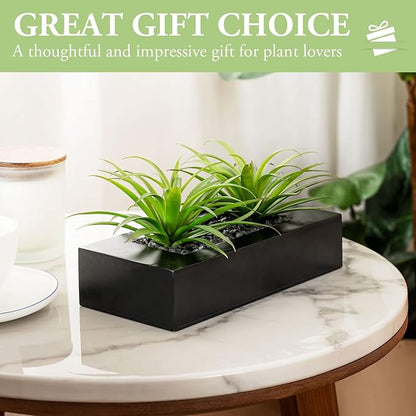 MyGift 10 Inch Fake Grass Artificial Plants in Rectangular Black Wood Planter - Faux Plants Indoor for Tabletop Centerpiece Décor