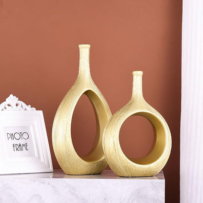 Brushed Gold Ceramic Vase Set 2,Modern Hollow Circle with Hole Flower Vase for Home Decor,for Table Centerpieces,Farmhouse,Fire Place,Living Room,Bedroom,Office,Bookshelf,Rustic Decor