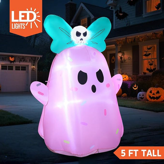 Joiedomi 5ft Tall Halloween Inflatable Ghost Outdoor Decorations, Cute Pink Ghost Blow Up Yard Decorations with Bowknot and LED Light for Halloween Decor, Garden Lawn Indoor Outdoor Party Decor