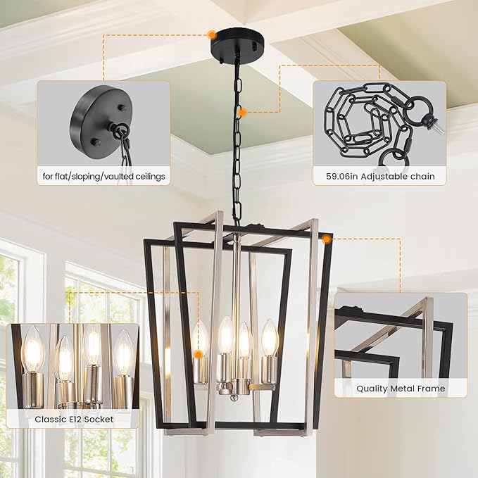 4-Light Silver Chandelier, Farmhouse Lantern Pendant Lighting Fixtures, Industrial Ceiling Light, Adjustable Height Rustic Geometric Hanging Chandelier for Kitchen Island,Entryway,Foyer,E12 Socket