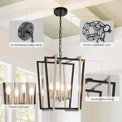 4-Light Silver Chandelier, Farmhouse Lantern Pendant Lighting Fixtures, Industrial Ceiling Light, Adjustable Height Rustic Geometric Hanging Chandelier for Kitchen Island,Entryway,Foyer,E12 Socket