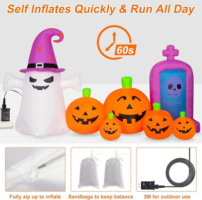 Halloween Decorations Outdoors 8FT Long Inflatable Pumpkin with Ghost and Skull Tombstone Scary Blow Up Halloween Pumpkin Decoration Built-in LEDs for Party Garden Lawn Decor