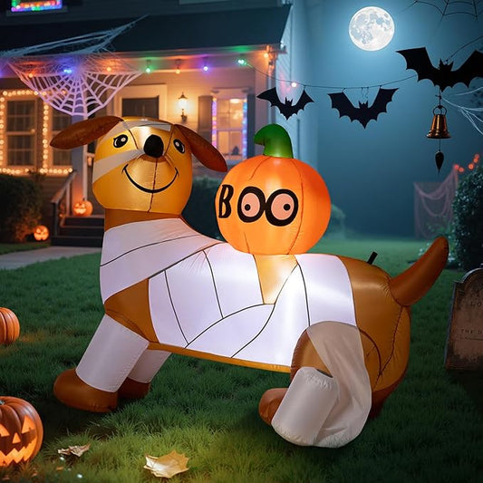 Dawdix 5FT Halloween Inflatables Mummy Dog Outdoor Decoration, Funny Blow Up Puppy Wrapped in Toilet Paper with Boo Pumpkin, Lighted Yard Dachshund Decor, Halloween Blow Up for Lawn, Garden, Porch