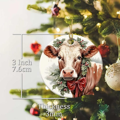 Christmas Cow Ornament Round Ceramic Ornament Xmas Keepsake for Christmas Tree Winter Holiday Xmas Gift for Women Men Xmas Hanging Ornament 3"
