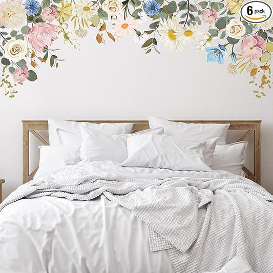 Zonon Flowers Wall Decals Vinyl Dragonflies Flowers Wall Stickers Removable Floral Wall Murals Peel and Stick Colorful Flower Wall Decor for Bedroom Living Room Nursery(Vintage)