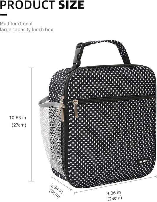 Lunch box Lunch bag for men women Insulated Lunchbox Lunch bags for Work Picnic Travel (Black polka dot)
