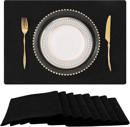 homing Black Cloth Placemats for Dining Table Set of 8 – Cotton Linen Blend Washable Farmhouse Kitchen Mats for Indoors & Outdoors - Easy to Clean 13 x 19 Inch