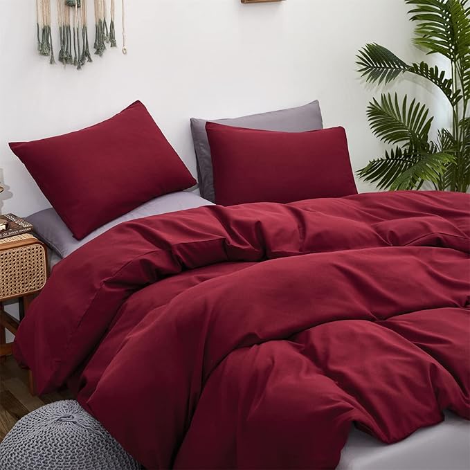 Cottonight Dark Red Comforter King Burgundy Bedding Chic Modern Wine Red Blanket Quilt Breathable Cotton Modern Solid Blackish Red Comforter Set for Women Men King Bed