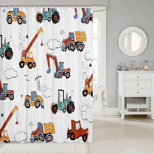 Feelyou Excavator Bathroom Shower Curtain Set Construction Vehicles Bath Curtain Equipment Trucks Shower Curtain Cartoon Car Kids Bathroom Accessories 72"x84"