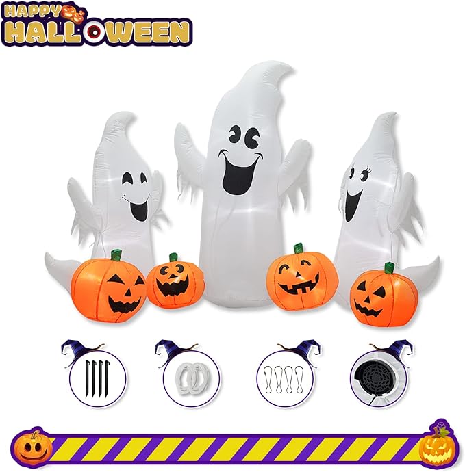 7FT Length Halloween Inflatable Ghosts and Pumpkins, 3 Ghosts Inflatables with Led Lights for Home Yard Lawn Indoor Halloween Outdoor Decoration