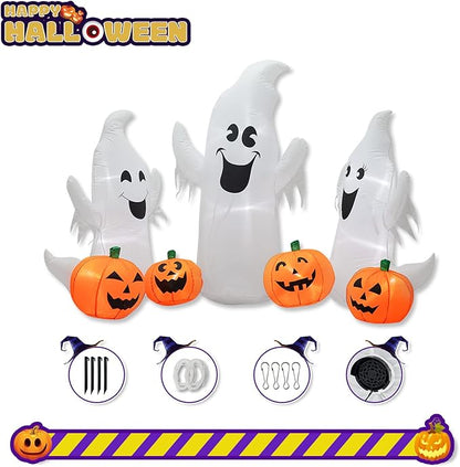 7FT Length Halloween Inflatable Ghosts and Pumpkins, 3 Ghosts Inflatables with Led Lights for Home Yard Lawn Indoor Halloween Outdoor Decoration