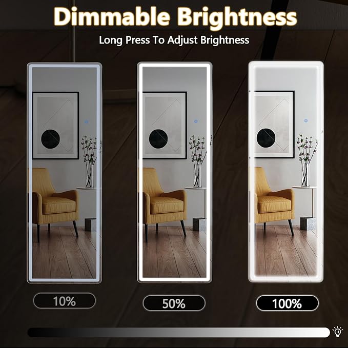 Sweetcrispy 64"x21" Mirror Full Length Standing Mirror with LED Lights, Lighted Floor Mirror with Stand, w/Dimming & 3 Color Lighting, Wall Mirror Full Length Aluminum Alloy Thin Frame, White