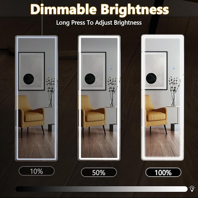 Sweetcrispy 64"x21" Standing Mirror Full Length with LED Lights, Lighted Floor Mirror with Stand, Wall Mounted Aluminum Alloy Thin Frame, Classical White